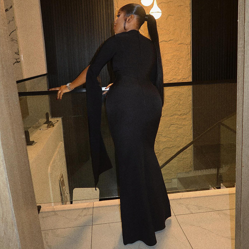 Elegant Long Sleeve Bodycon Dress Slim Fit Solid Color Off Shoulder Neckline Perfect for Parties or Casual Events