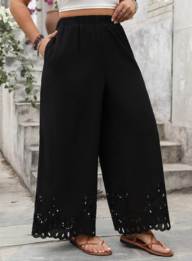 Hollow Hem Black Wide-Leg Women's trousers女镂空黑色阔腿裤子