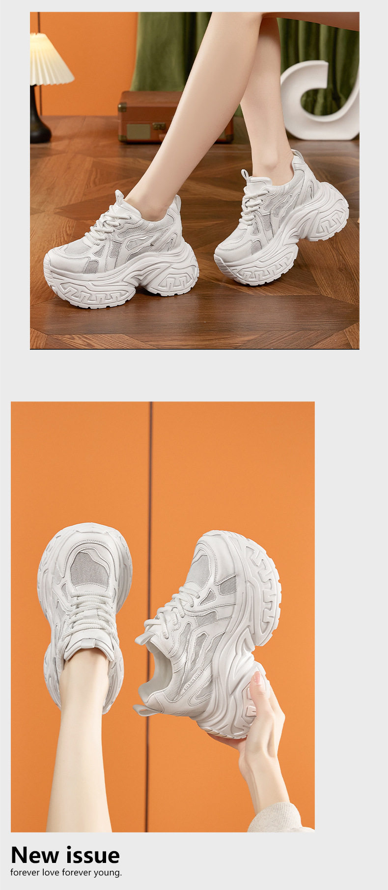 Giày sandal cao gót nữ hở mũi đế xuồng platform, gót siêu cao 8 cm, form mũi tròn, quai ngang dây buộc — Bột trắng, Bạc, Trắng, xanh lá chi tiết 13