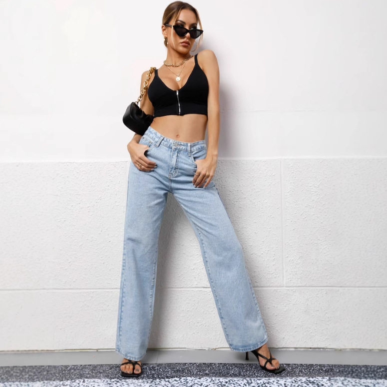 High Waisted Wide Leg Jeans Summer Style Tie Design Washed Fabric Casual Wear for Women Ready to Ship