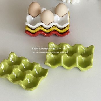 High-Value Korean-Style 6-Compartment Ceramic Egg Tray for Photo Shoots and Vlogs, Unique Egg Storage Grid in Ultramarine Blue