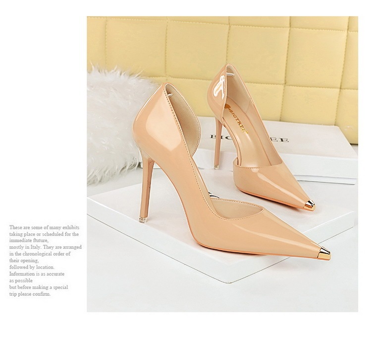Giày cao gót nữ mũi nhọn nhọn gót thanh mảnh khoét hông phối kim loại — 8829-5 Đen 10.5CM, 8829-5 màu cam 10.5CM, 8829-5 màu nude 10.5CM, 8829-5 Trắng 10.5CM