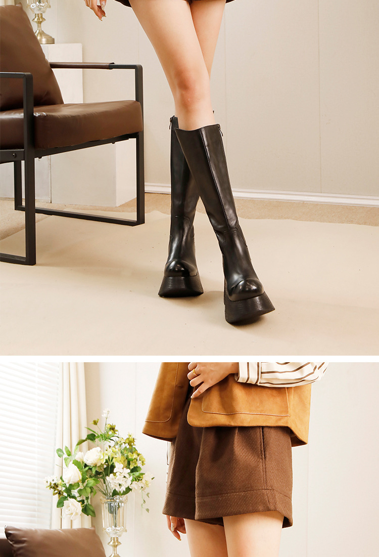 Boot nữ cổ cao da bò thật gót dốc khóa kéo bên — Màu đen