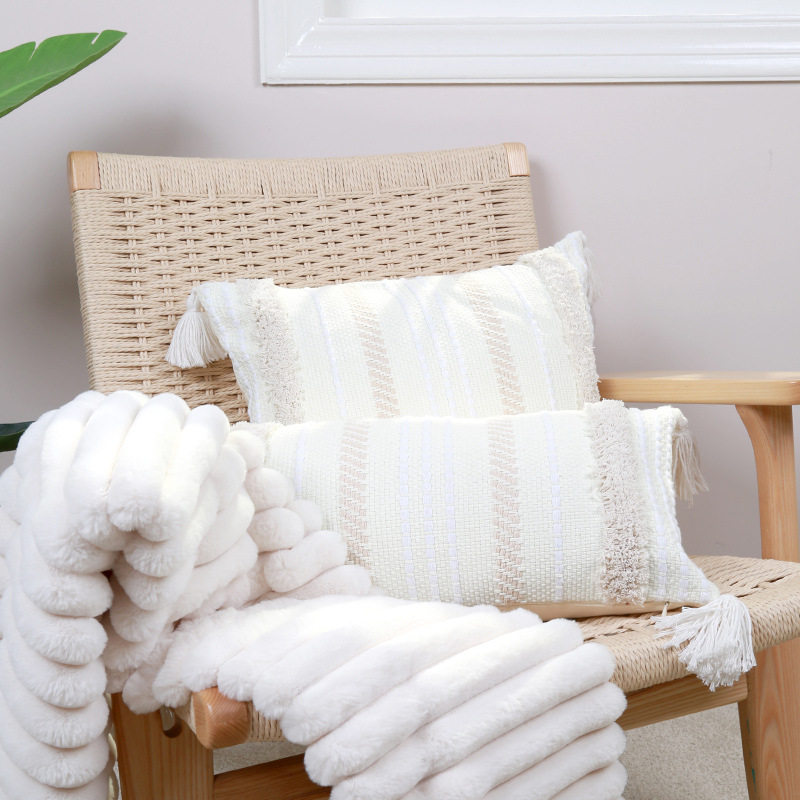 Geometric Tufted Pillow Tassel Off-White Stripesd Xiaohongshu Model Room Amazon Home Living Room Sofa Cushion Cover