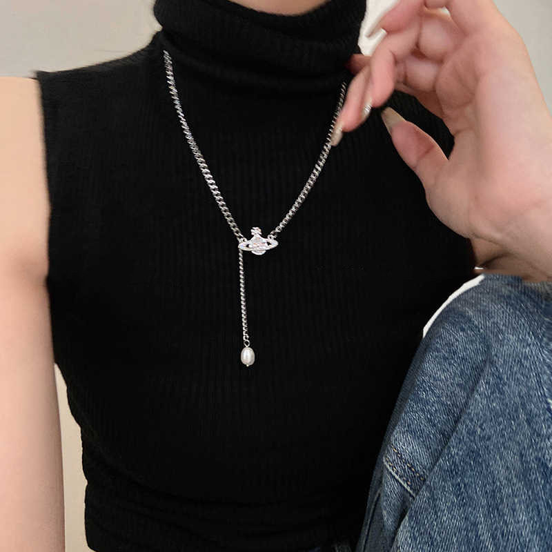 Titanium Steel Non-Fading Empress Necklace Pearl Saturn Paperclip Pendant Light Luxury Niche Accessory High-End Accessory