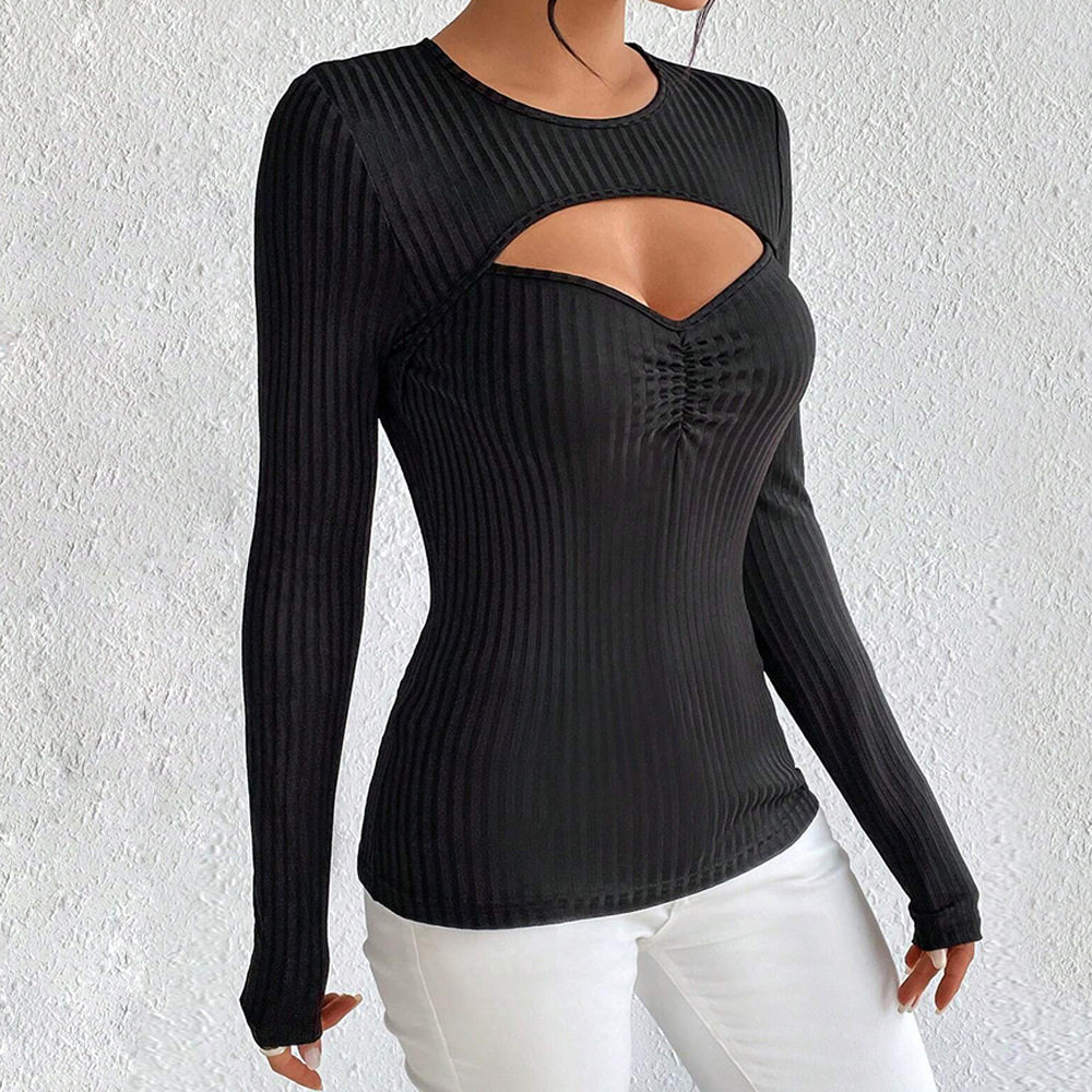 Slim Fit Long Sleeve Knit Top Sexy Hollow Design Ribbed Fabric Autumn Winter Style Wholesale Available
