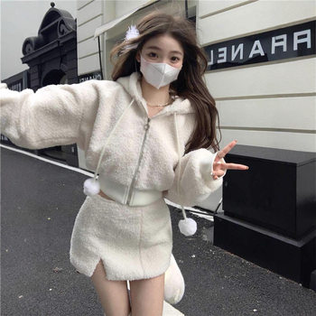 Pure desire fashion suit women's early Autumn 2023 new hooded long-sleeved top high waist slimming skirt two-piece set