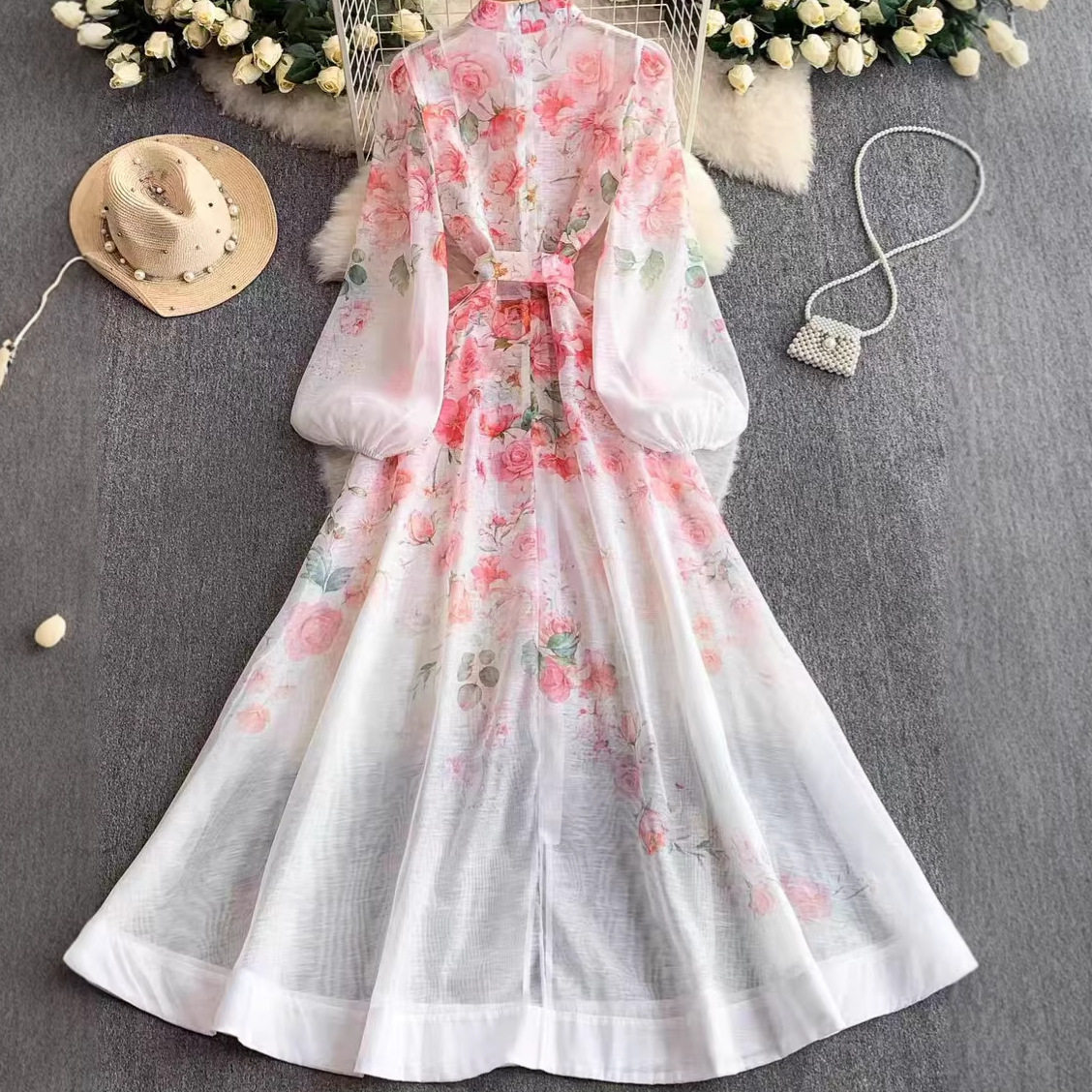 French Floral Hollow Out Bell Sleeve Dress Summer Long Sleeve Waist Tie Elegant Design Perfect for Parties and