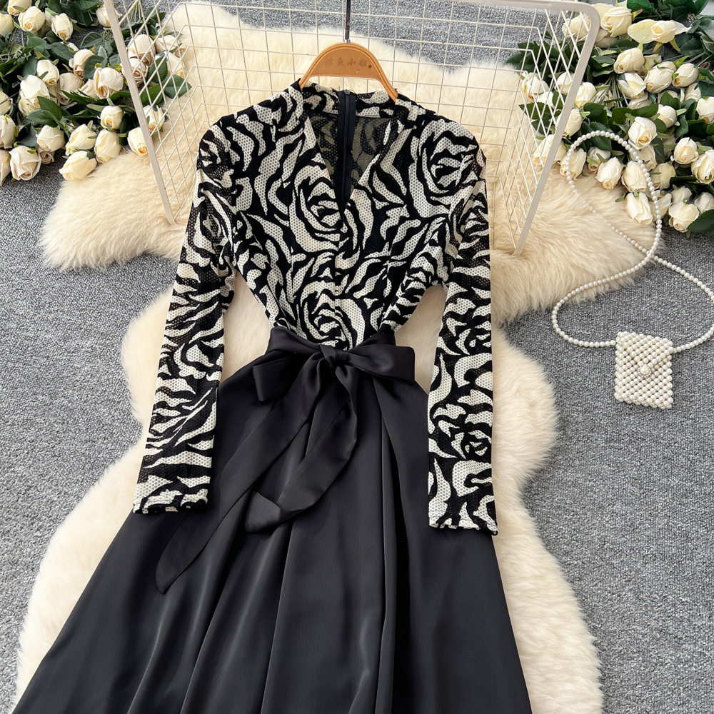 Elegant Womens Long Sleeve Dress High End French Style Floral Mesh Waist Tie A Line Silhouette Autumn Collection