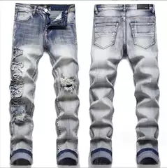 Foreign Trade Slim Stretch Four-Season Spliced Cotton Stretch Embroidered Leather Label Ripped Printed Fashion Men's European and American Jeans