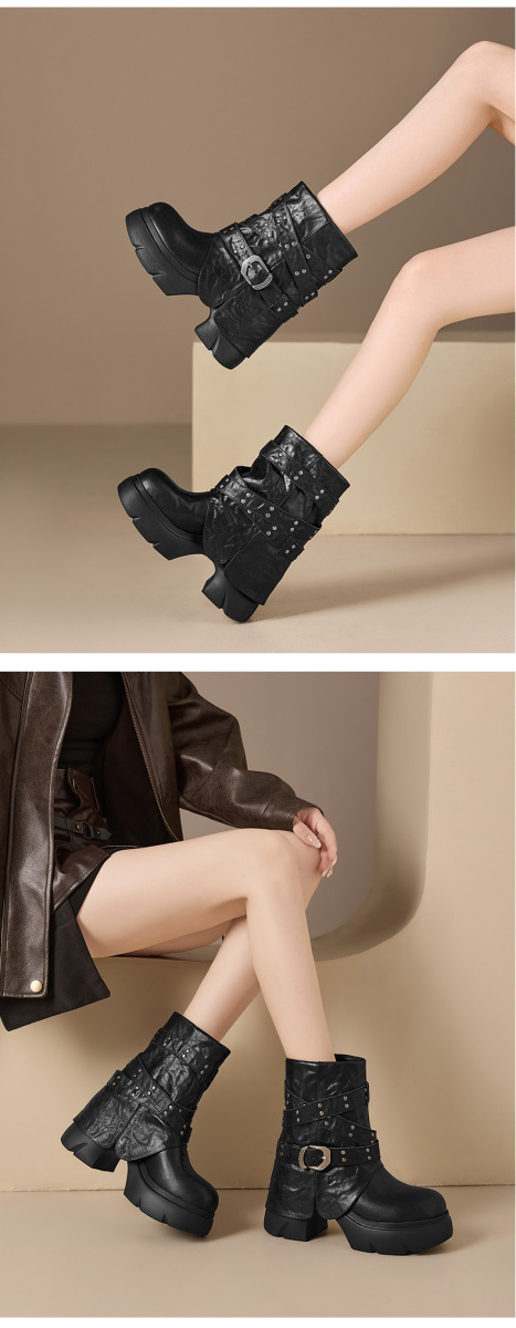 Boot Martin nữ cổ ngắn đế dày khóa thắt lưng gót thô đính đinh tán — Lớp lót đơn màu đen, Lớp lót đơn màu nâu, Lót nhung đen, Lót nhung màu nâu