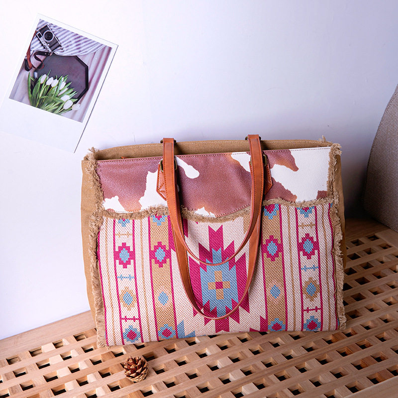 Túi Tote Nữ Vải Canvas Cotton Họa Tiết Bohemian Vintage Đeo Vai, Đeo Chéo, Xách Tay Màu Nâu, Xanh, Đỏ, Be