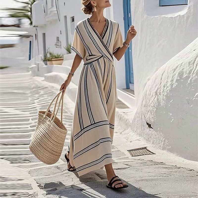 Summer Womens Dress Elegant Casual Loose Striped V Neck Long Dress Beach Vacation Style Wholesale Available