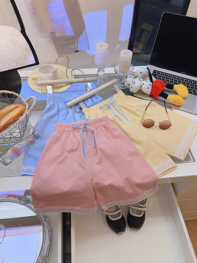 Women's Double-Stripe Lace Shorts, New Summer High-Waist Loose Flowy Wide-Leg Straight Shorts with Bow, Versatile Style