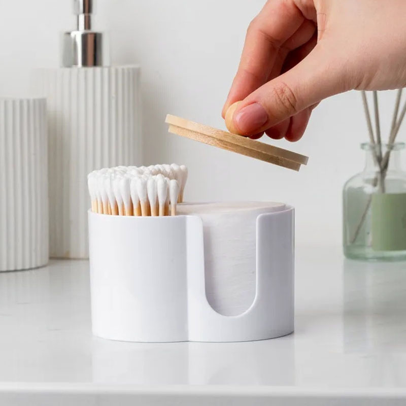 Two-in-one one bamboo cover cotton stick box makeup remover cotton storage box desktop cosmetic cotton storage box double hole round storage