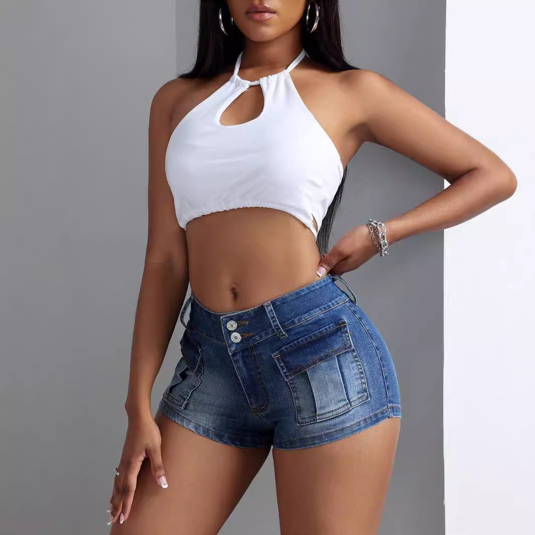 Fashionable Womens Denim Shorts High Waist Large Pockets Stretchy Fabric Casual Summer Wear Wholesale Available