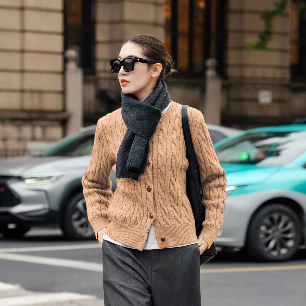 意大利100%美丽诺羊毛开衫宽松慵懒风绞花开衫加厚毛衣羊绒开衫女