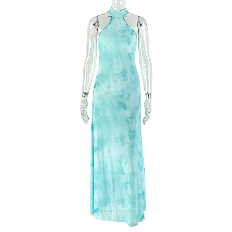 Casual A Line Dress Halter Neck Color Block Waist Defining Lightweight Fabric Beachwear or Summer Outing