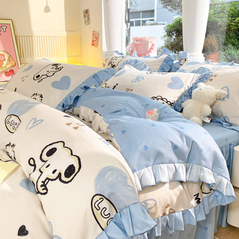 Korean Ins Princess Style A-Grade Maternal and Infant Grade Bed Skirt Four-Piece Set Washed Cotton Brushed Bed Bed Sheets Quilt Cover Dormitory Three-Piece Set
