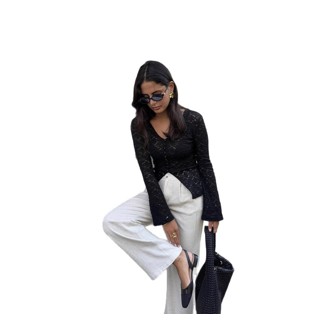Lace Hollow Out T Shirt Pearl Button Split Hem Fitted Bell Sleeve Casual Wear for Women OEM Available