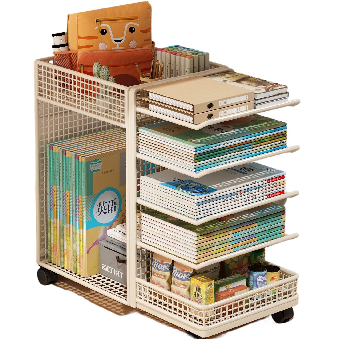 Subject Classification Storage Rack Desktop Bookshelf Desk Book Storage Wheeled Removable Book Stand Layered Rack Silk Flower