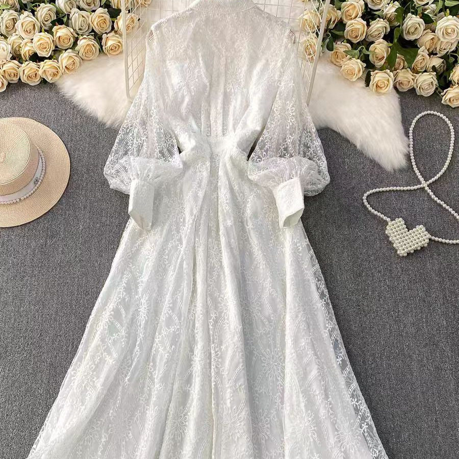 French Vintage Elegant Dress High End Aesthetic Stand Collar Single Breasted Embroidered Waist Defining Evening