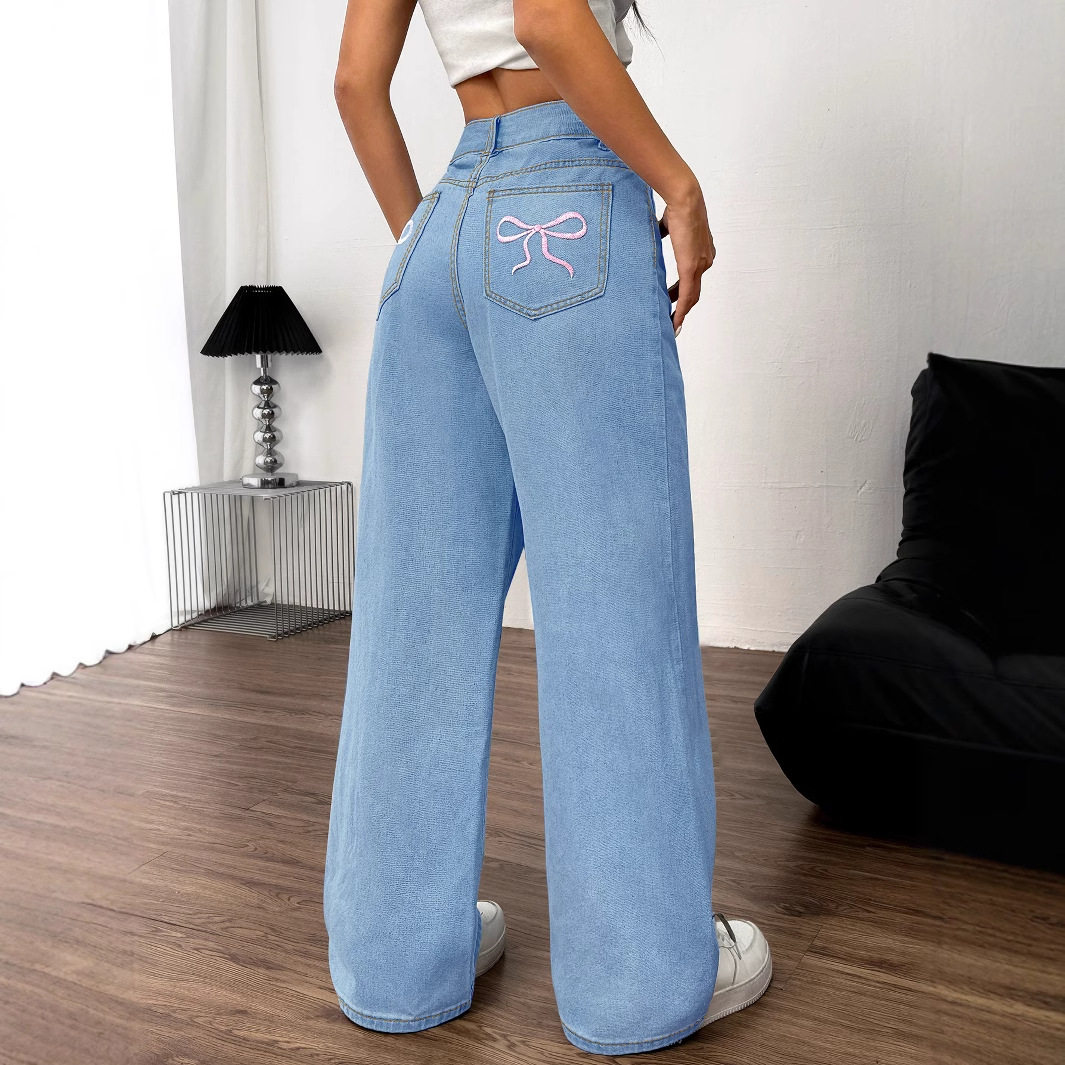 Embroidered Denim Jeans with Bow Detail Fashionable Trendy Design Womens Casual Wear Wholesale Available