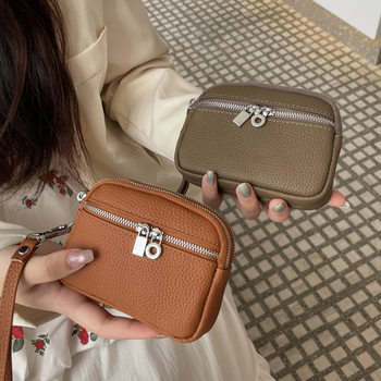 2025 New Genuine Leather Mini Wallet Women's Cowhide Coin Purse Double Zipper Storage Bag Multifunctional Handbag