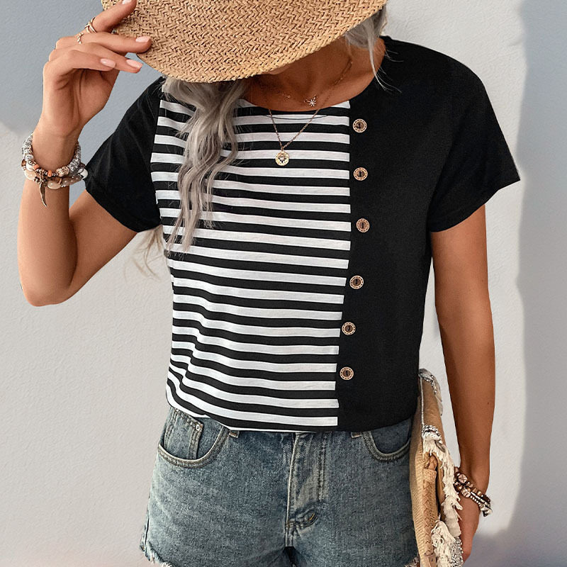 Summer Womens Striped Color Block T Shirt Short Sleeve Casual Style Lightweight Fabric Wholesale Available