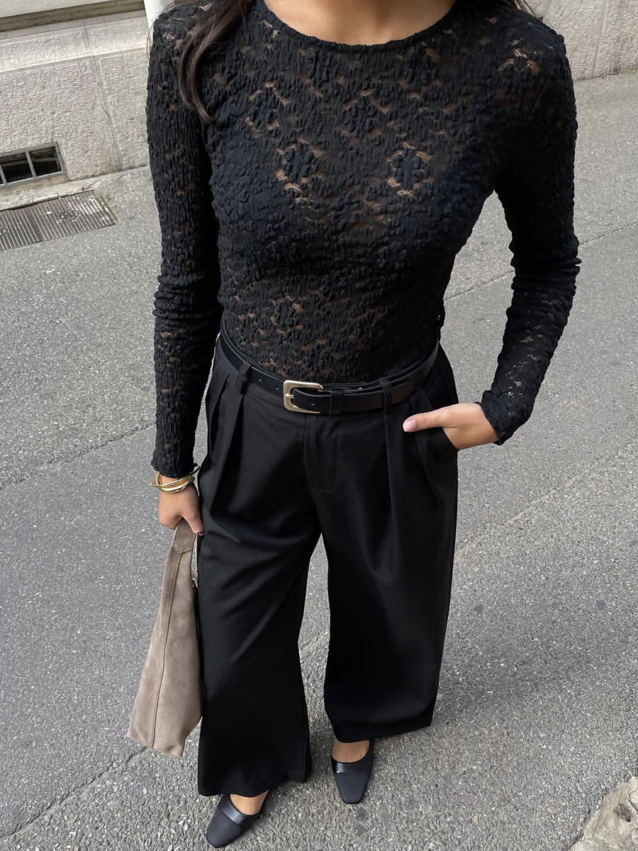 Lace Hollow Out T Shirt Pearl Button Split Hem Fitted Bell Sleeve Casual Wear for Women OEM Available