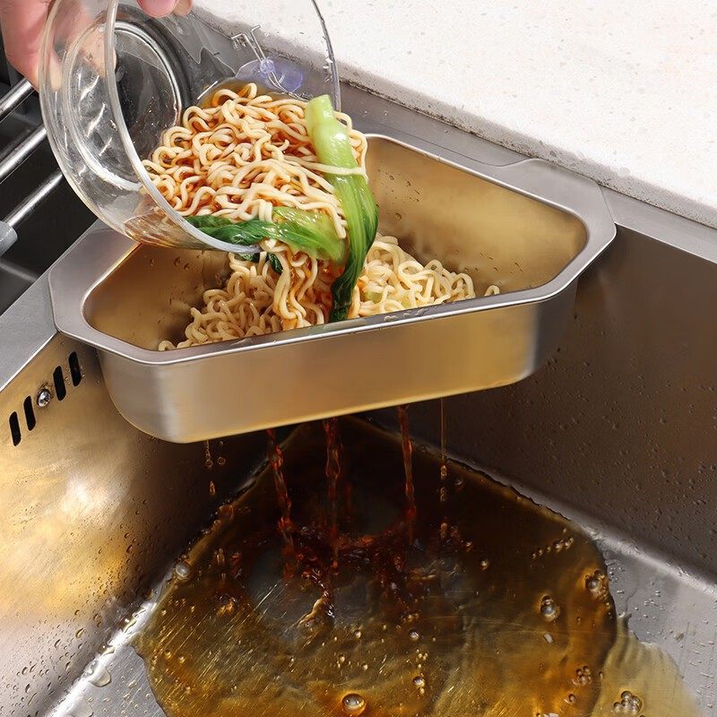 Kitchen Sink Stainless Steel Drain Basket Sink Leftover Filter Net Triangle Storage Rack Vegetable Washing Fruit Hanging Basket