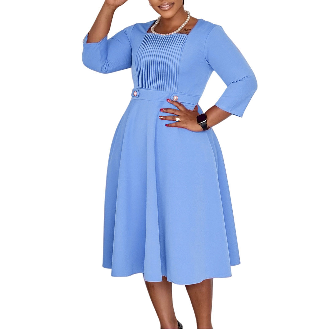 Plus Size Womens Dress Elegant Solid Color Ruffled Design Square Neck High Waist Fashion for Casual Occasions