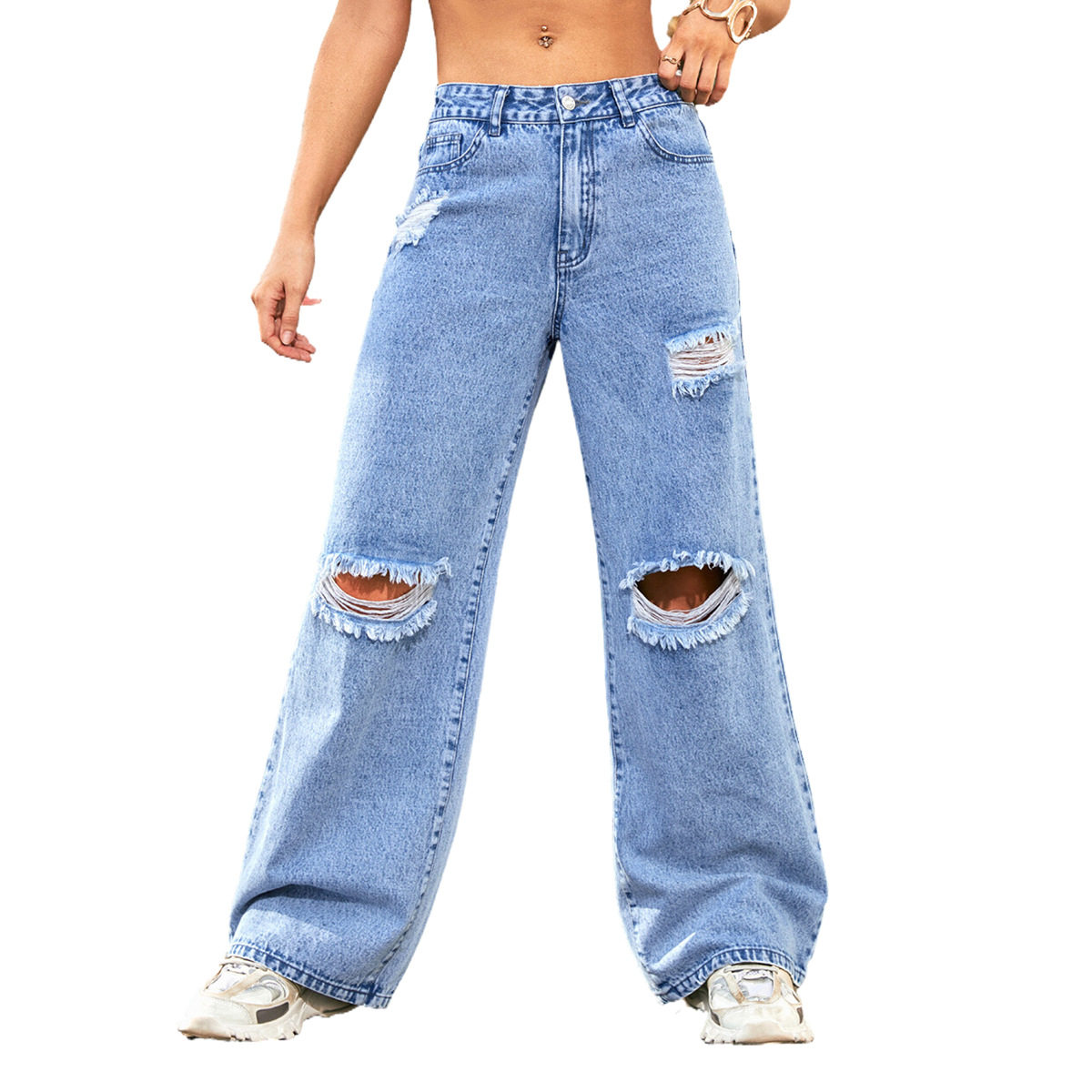 High Waisted Ripped Denim Straight Leg Pants Fashionable Distressed Water Washed Autumn Wear Wholesale Available