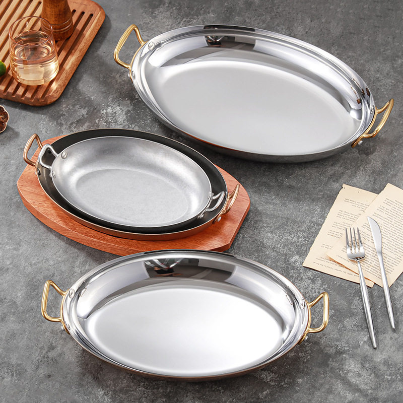 Stainless Steel Egg-Shaped Frying Pan Thickened Fish Hearth Plate Binaural Seafood Plate Crayfish Plate Western Food Baked Rice Steak Plate Tableware