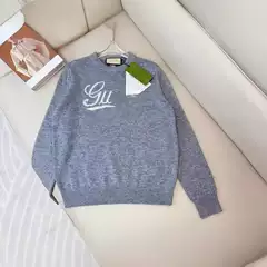 2025 Summer New High-End Gucci Fashion Simple Versatile Jacquard Logo Letter Embellished Round Neck Wool Top