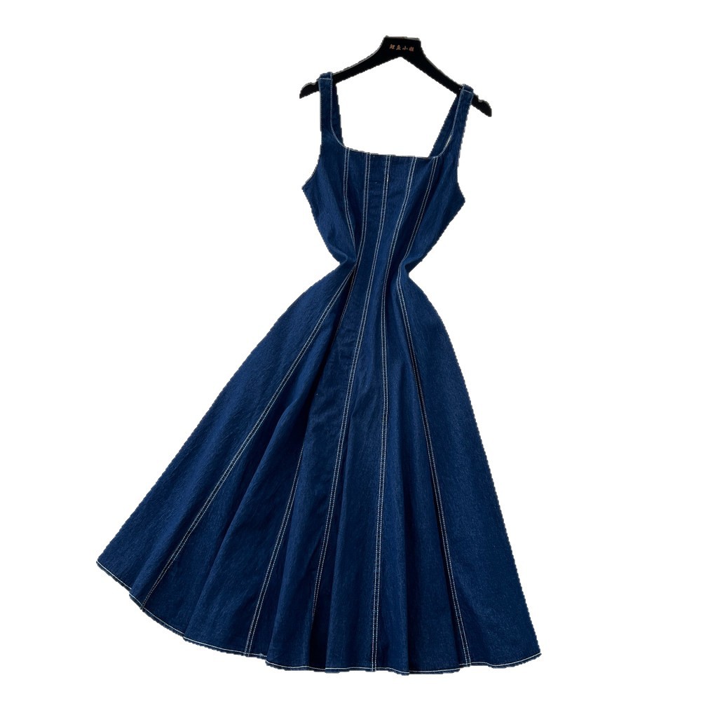 French Vintage Style Denim Square Neck A Line Dress for Women High Waist Flattering Fit Flared Hem Casual Office Wear