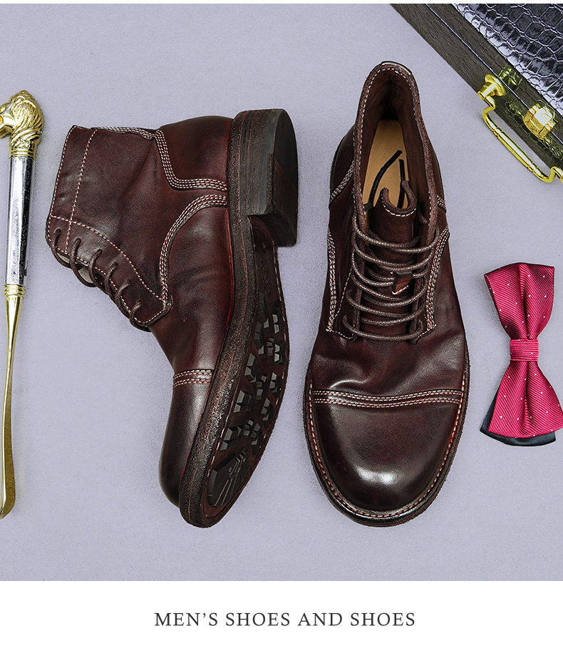 Giày boot nam da ngựa cổ cao mũi tròn đế khâu Goodyear thủ công — Màu đen, Màu cà phê