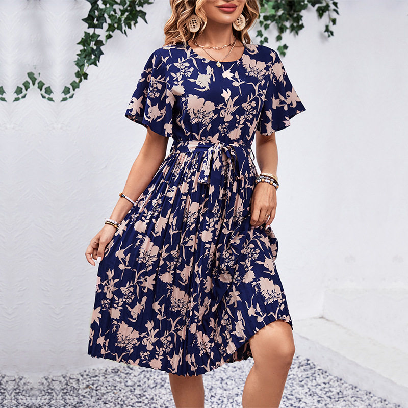Floral Print A Line Dress Elegant Design Waist Defining Summer Style Perfect for Parties and Casual Outings