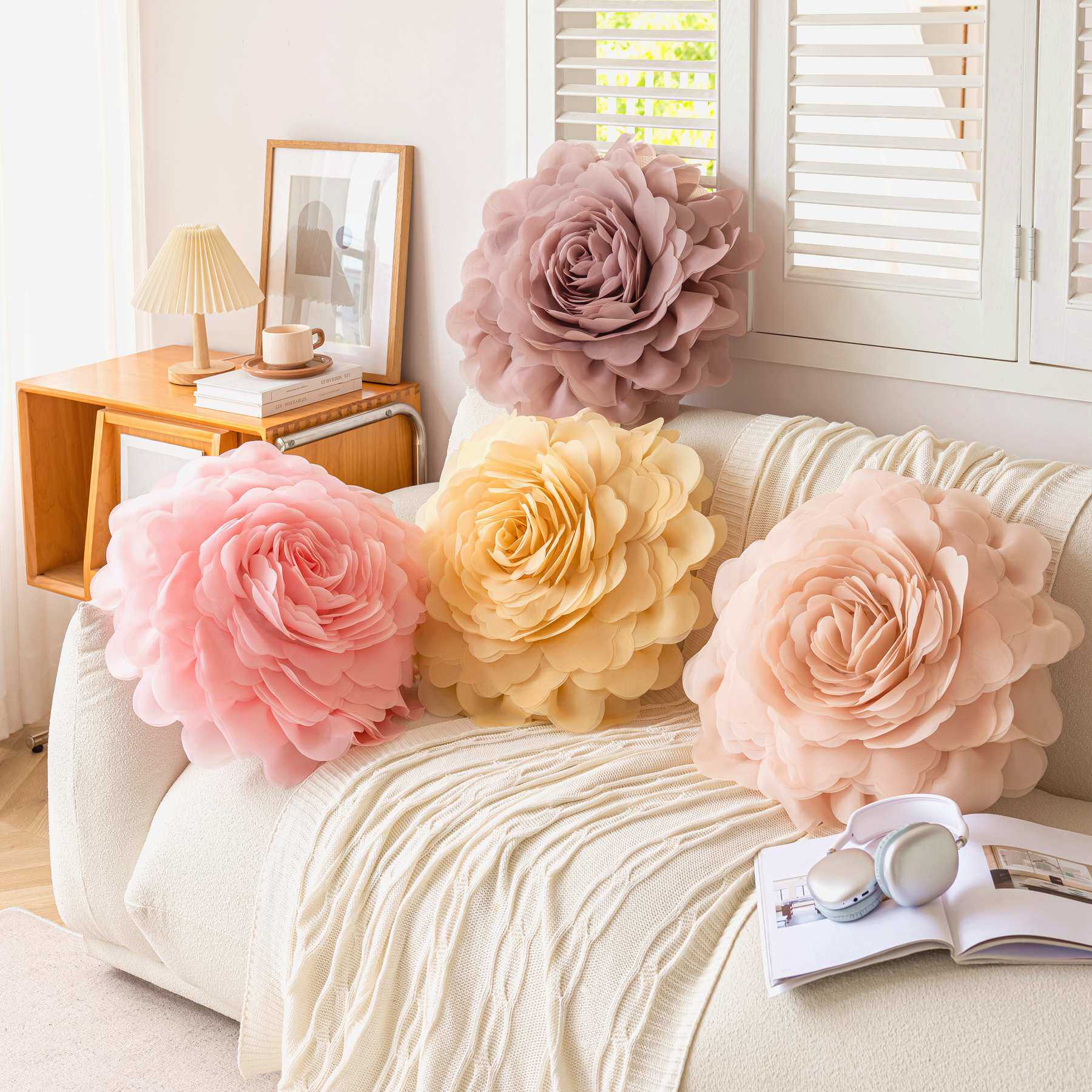 Princess Style Three-Dimensional Tulle Flower Pillow Case European Style Light Luxury Ins Style Bedroom Bedside Cushion Bay Window Pillow