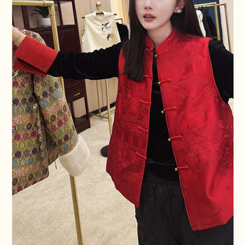 Pavilion and Tower Embroidery New Chinese Style National Style Zodiac Year New Year Red Button Vest Top for Women 2025 Autum Style