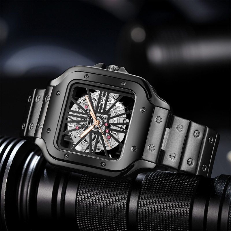 Men's Fashionable Waterproof Quartz Watch Tiktok Live Broadcast Light Luxury Hollow Non-Mechanical Square Steel Band Watch Large Dial