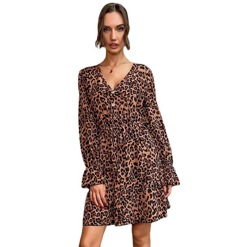 Spring Womens Long Sleeve V Neck Leopard Print Dress Trendy Design Comfortable Fabric Versatile Style Wholesale