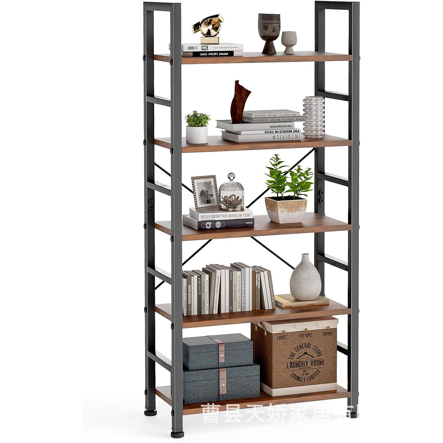 American-Style Wrought Iron Storage Rack, Solid Wood Display Rack, Multi-Layer Creative Assembly Storage Rack for Living Room, Natural Wood Floor-Standing Bookshelf