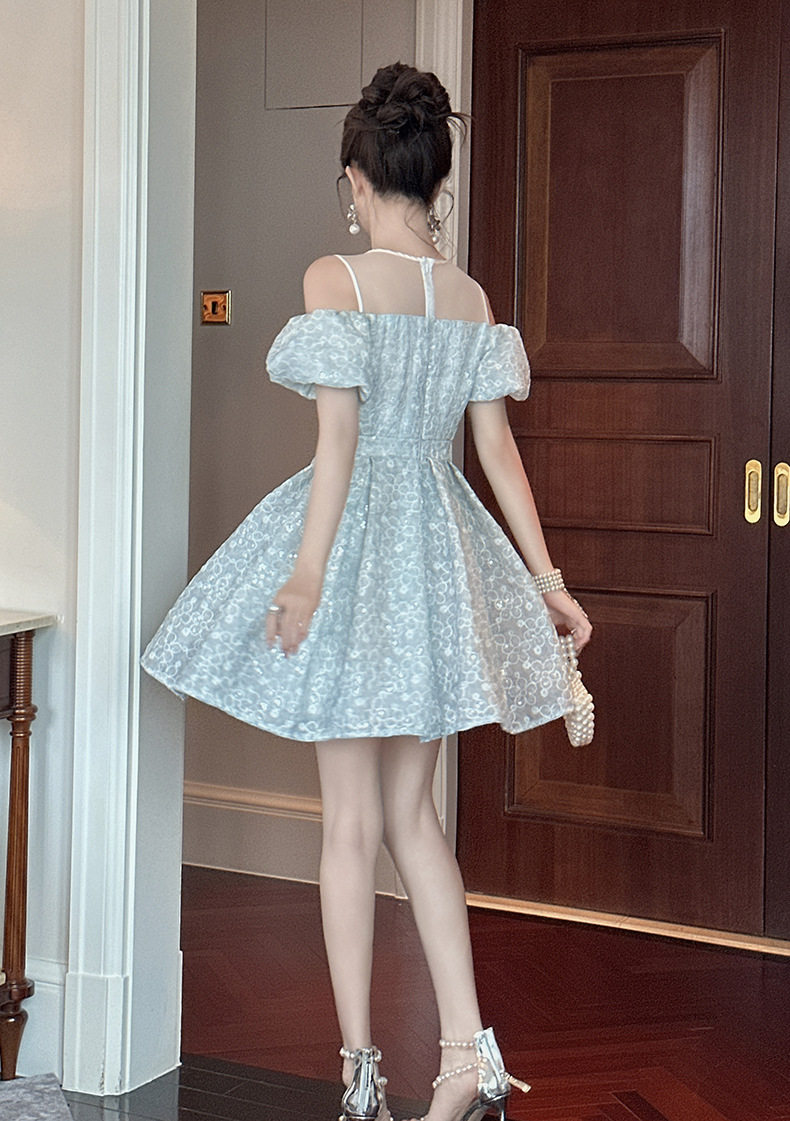 Đầm ren nữ tay bồng cổ tròn A chữ A dáng midi — [Xanh dương] chi tiết 8