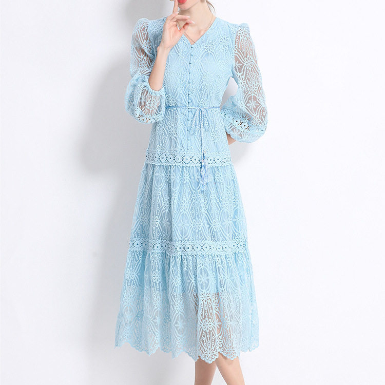 Elegant French Style Womens Dress High End Design Waist Tie Lantern Sleeves Embroidered Tulle Perfect for Formal