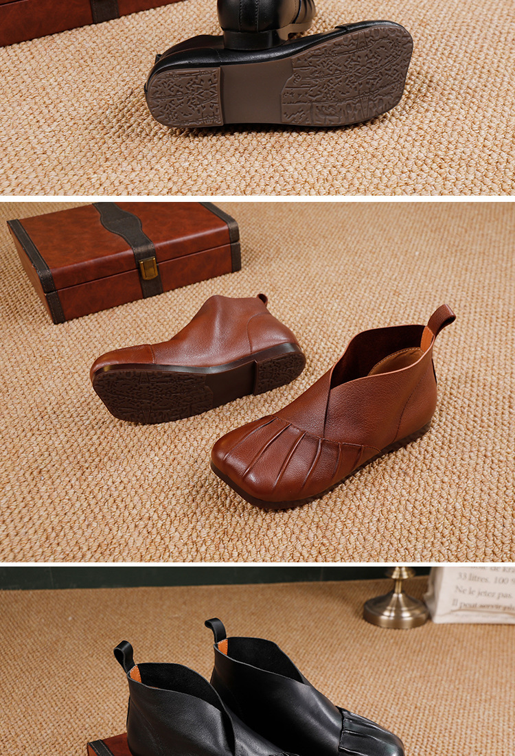 Boot nữ cổ thấp da bò thật phong cách tối giản dễ phối đồ — đen, nâu