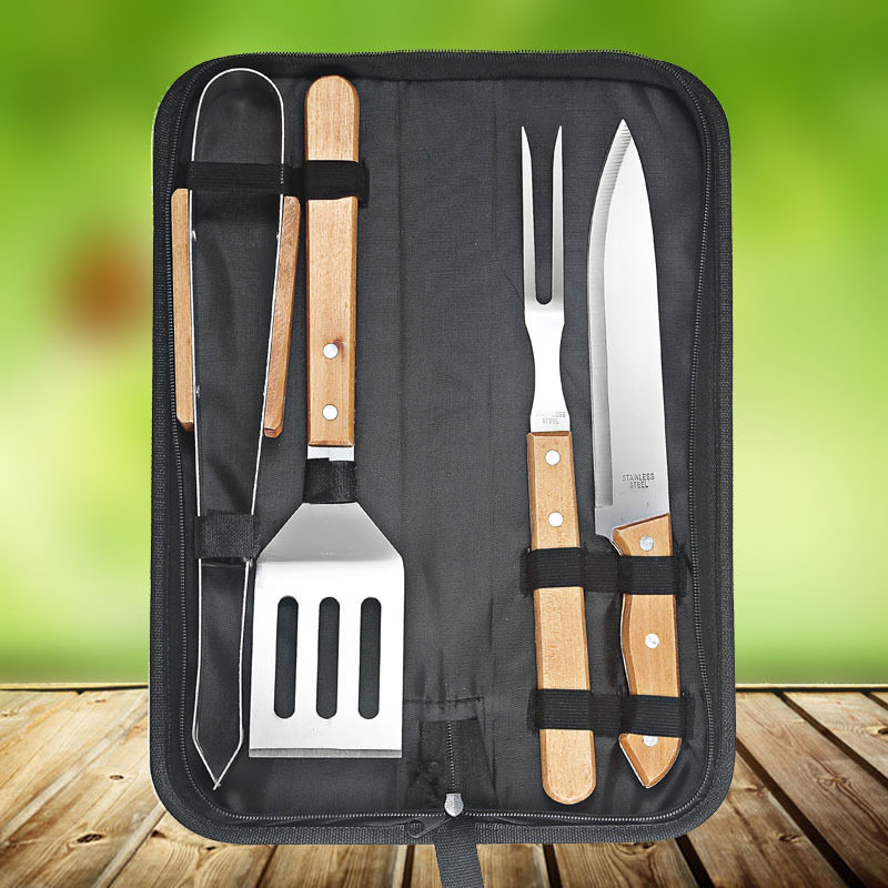 BBQ Tools Set 4 Pieces Wooden Handle Cross Border Stainless Steel Cloth Bag Outdoor Home Picnic Fork Shovel Clip Knife BBQ Baking Tool