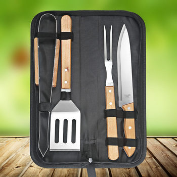 BBQ Tools Set 4 Pieces Wooden Handle Cross Border Stainless Steel Cloth Bag Outdoor Home Picnic Fork Shovel Clip Knife BBQ Baking Tool