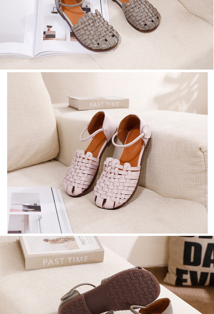 Sandal nữ quai ngang da bò thật đế mềm thủ công êm chân — Màu hồng sen, màu xám