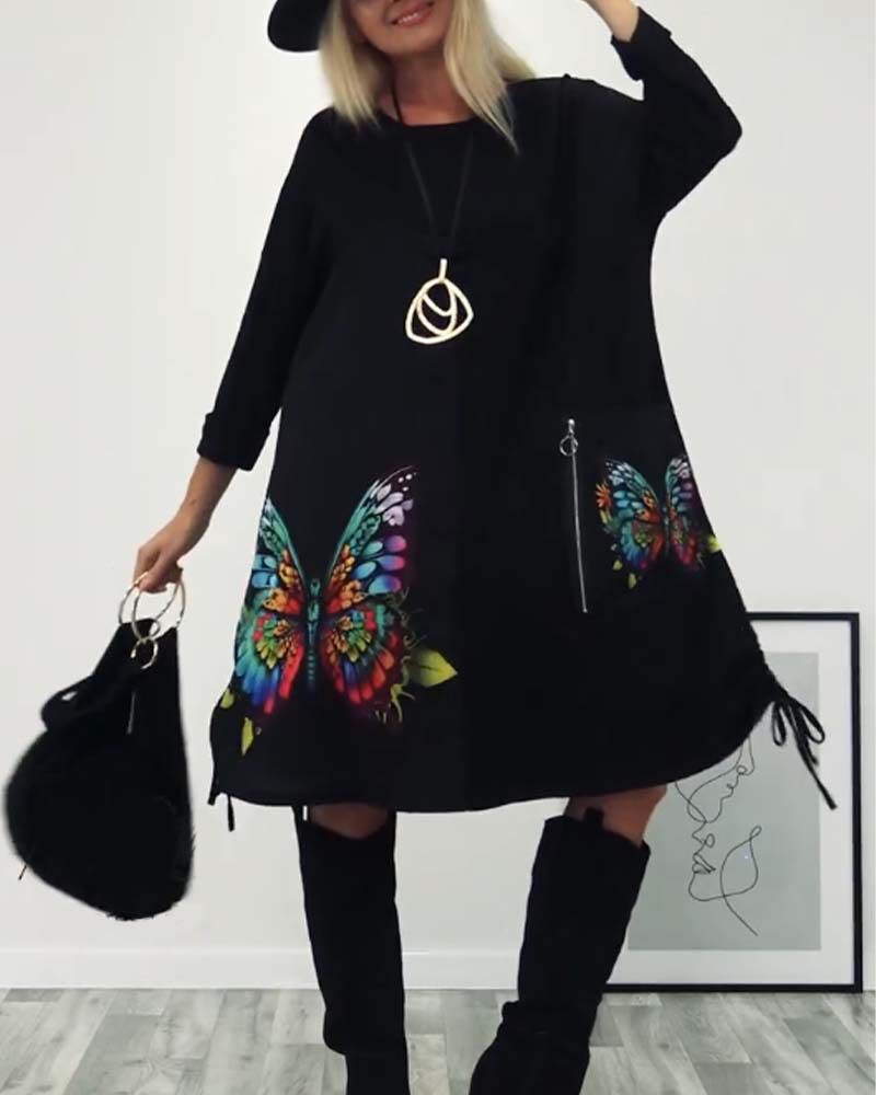 Long Sleeve Butterfly Print Pocket Dress Round Neck Casual Style Autumn Winter Collection Wholesale Available